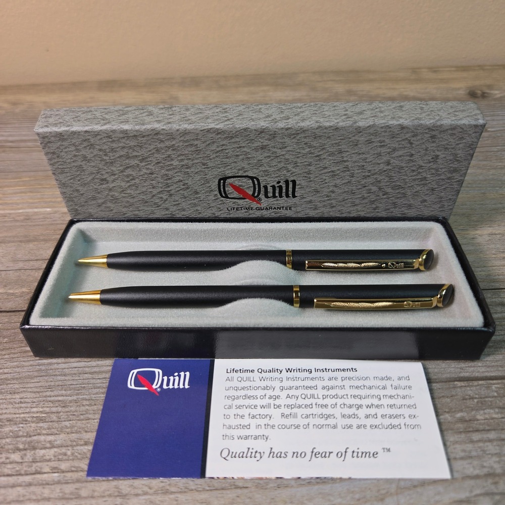Quill Duratone Matte Black Pen and Pencil Set Gold Trim Vintage 400P/PLM Boxed